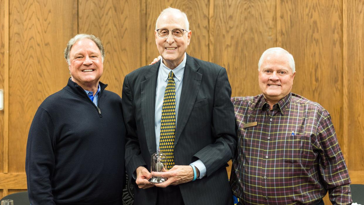 Dr. Tim Powers, center, is seen with close friends Kent Snodgrass, left, and Jimmy Thomas, right, in the fall 2022 when Powers was honored with Wayland Trustee Emeritus status. Powers passed away August 21, 2023, after a seven-year cancer battle.