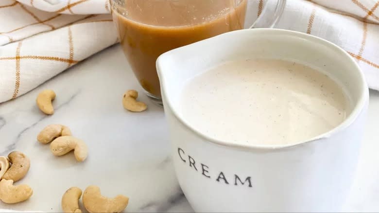 Pitcher of cashew coffee creamer