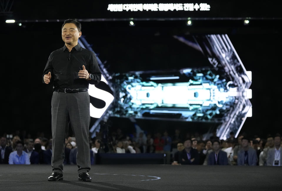 TM Roh, president and head of Samsung's mobile experience business, speaks during the Galaxy Unpacked 2023 event at the COEX in Seoul, South Korea, Wednesday, July 26, 2023. Samsung Electronics on Wednesday unveiled two foldable smartphones as it continues to bet on devices with bending screens, a budding market that has yet to fully take off because of high prices. (AP Photo/Ahn Young-joon)