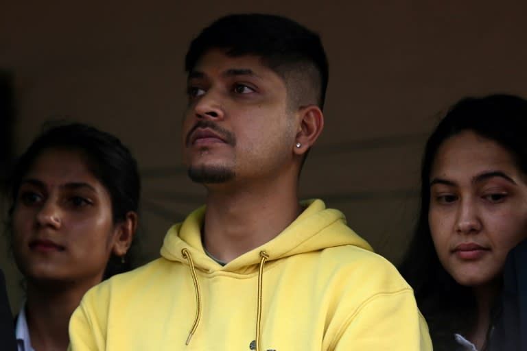 Nepali cricketer Sandeep Lamichhane outside court last month (PRAKASH MATHEMA)