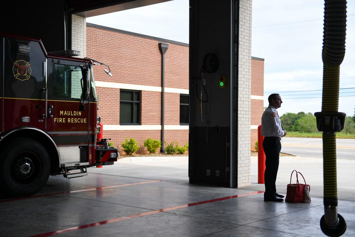 Mauldin Fire Chief Brian McHone stands for a media interview at the new fire station headquarters on Friday, April 19. 2024.