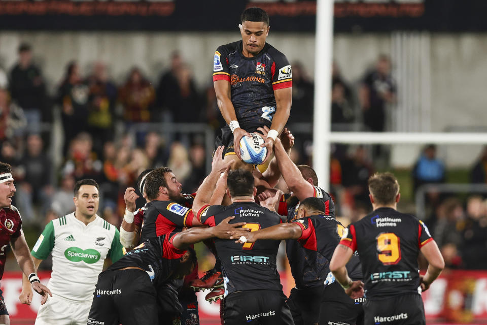 Tupou Vaa'i of the Chiefs wins a lineout during the Super Rugby Pacific quarterfinal match between the Waikato Chiefs and the Queensland Reds at FMG Stadium in Hamilton, New Zealand, Friday, June 7, 2024. (Aaron Gillions/Photosport/AAP Image via AP)