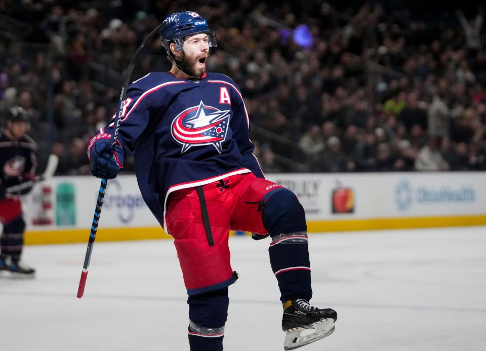 Sun., Mar. 13, 2022; Columbus, Ohio, USA; Columbus Blue Jackets right wing Oliver Bjorkstrand (28) celebrates after scoring during the first period of a NHL game between the Columbus Blue Jackets and the Vegas Golden Knights at Nationwide Arena. 