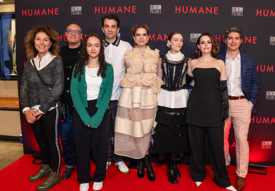 TORONTO, ONTARIO - APRIL 17: (L-R) Karen Wookey, Martin Katz, Sirena Gulamgaus, Jay Baruchel, Caitlin Cronenberg, Alanna Bale, Emily Hampshire, and Michael Sparaga attend the World Premiere of 