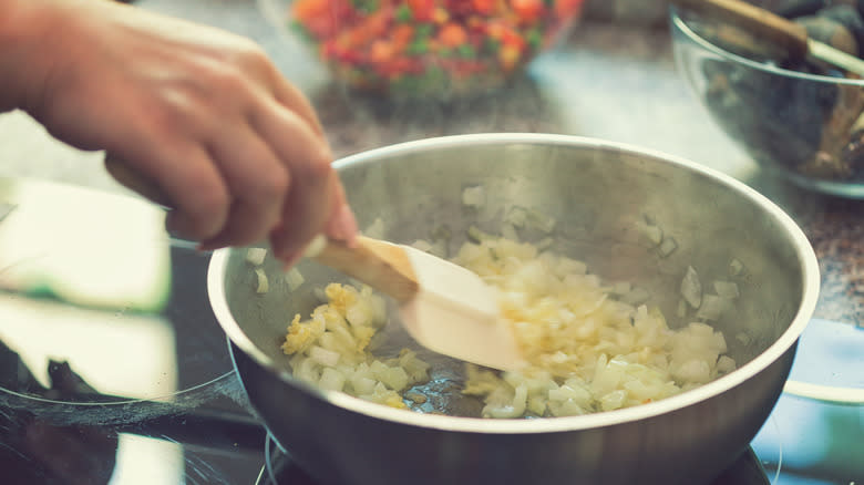 Onions cooking in pan