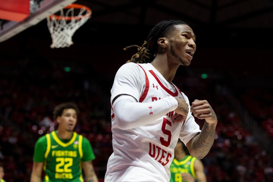 Utah Utes guard Deivon Smith (5) reacts to a call during a game against the Oregon Ducks at the Huntsman Center in Salt Lake City on Jan. 21, 2024. | Marielle Scott, Deseret News