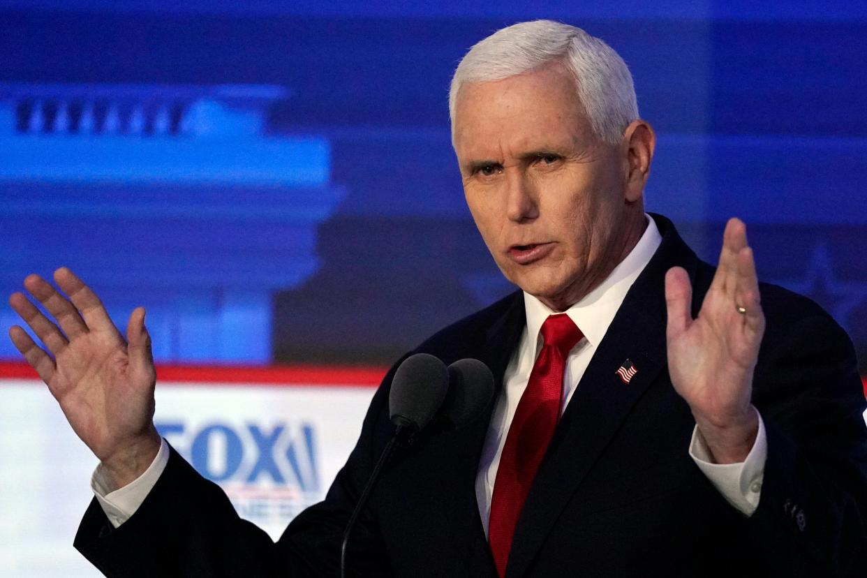 Former Vice President Mike Pence speaks during a Republican presidential primary debate hosted by FOX Business Network and Univision, Wednesday, Sept. 27, 2023 (AP)