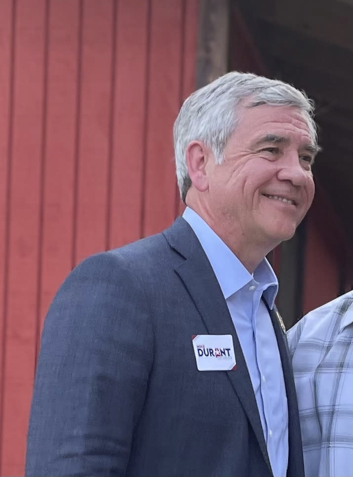 Mike Durant greets supporters after speaking to a Republican club meeting in Phenix City, Ala., on May 5, 2022. Alabama’s Republican primary for the U.S. Senate seat being vacated by retiring U.S. Sen. Richard Shelby is a bitter high-dollar fight between three frontrunners battling for a spot in an anticipated runoff. U.S. Rep. Mo Brooks who won _ and then lost _ former President Donald Trump’s backing in the race faces Katie Boyd Britt, the former leader of Business Council of Alabama and Shelby’s former chief of staff and Mike Durant, the owner of an aerospace company but best known as the helicopter pilot shot down and captured in in the events that inspired “Black Hawk Down.” (AP Photo/Kim Chandler)