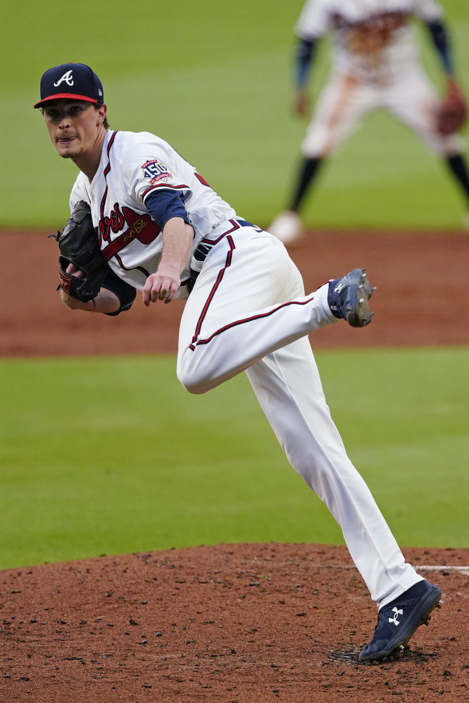 Atlanta Braves pitcher Max Fried works in the second inning of the team's baseball game against the New York Mets on Wednesday, June 30, 2021, in Atlanta. (AP Photo/John Bazemore)