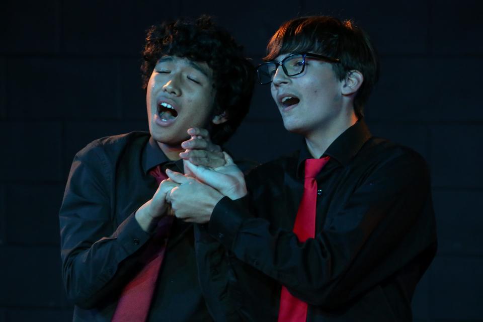 From left, Caydenn Angeles and Vincenzo Del Rossi perform "Agony" from "Into the Woods Jr." during dress rehearsal for MTI's Broadway Junior Revue: Raise Your Voice at Harbor Playhouse Wednesday, April 10, 2024.