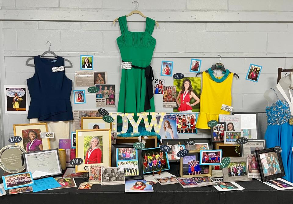 Memorabilia spanning 13 years from the Distinguished Young Woman of Washington County is displayed during a 50th anniversary celebration on July 15, 2023, in Chatom, Alabama.