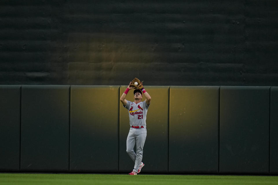 St. Louis Cardinals center fielder Lars Nootbaar makes a catch on a ball hit by Baltimore Orioles' Austin Hays in the first inning of a baseball game, Wednesday, Sept. 13, 2023 in Baltimore. (AP Photo/Julio Cortez)