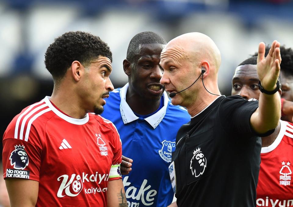 Forest’s Morgan Gibbs-White complains to referee Anthony Taylor (Reuters)