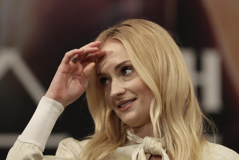 Actress Sophie Turner attends at a press conference for her new movie "X-Men: Dark Phoenix" in Seoul, South Korea, Monday, May 27, 2019. The movie is to be released in South Korea on June 5, 2019. (AP Photo/Lee Jin-man)