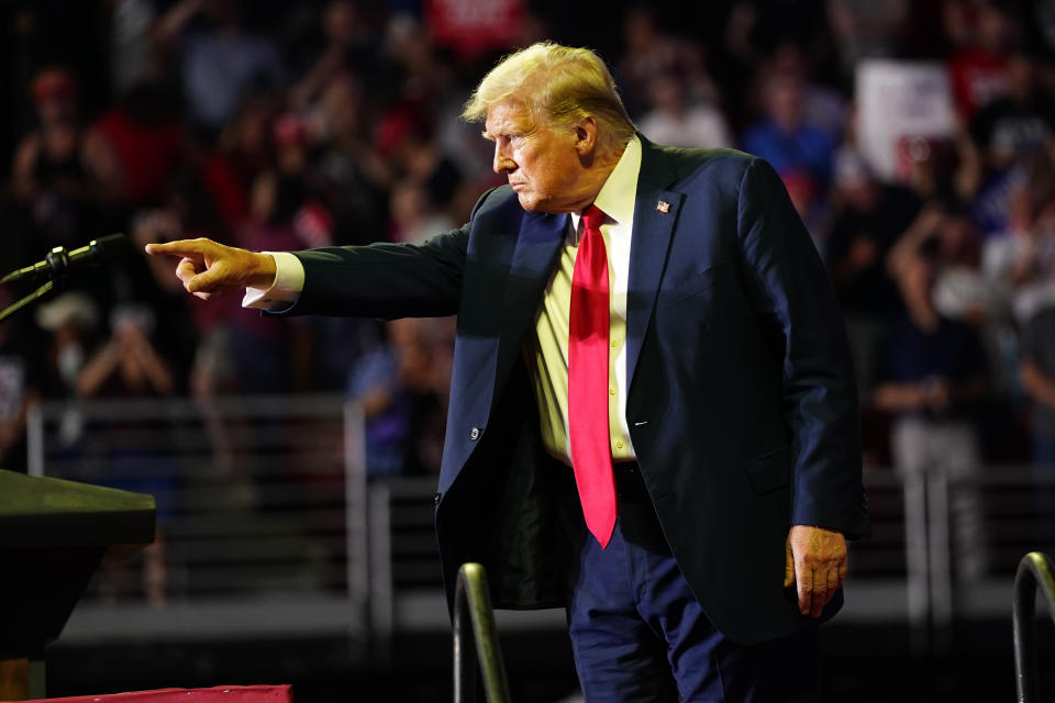 Republican presidential candidate former President Donald Trump gestures to the crowd at a campaign rally, Saturday, June 22, 2024, at Temple University in Philadelphia. (AP Photo/Chris Szagola)