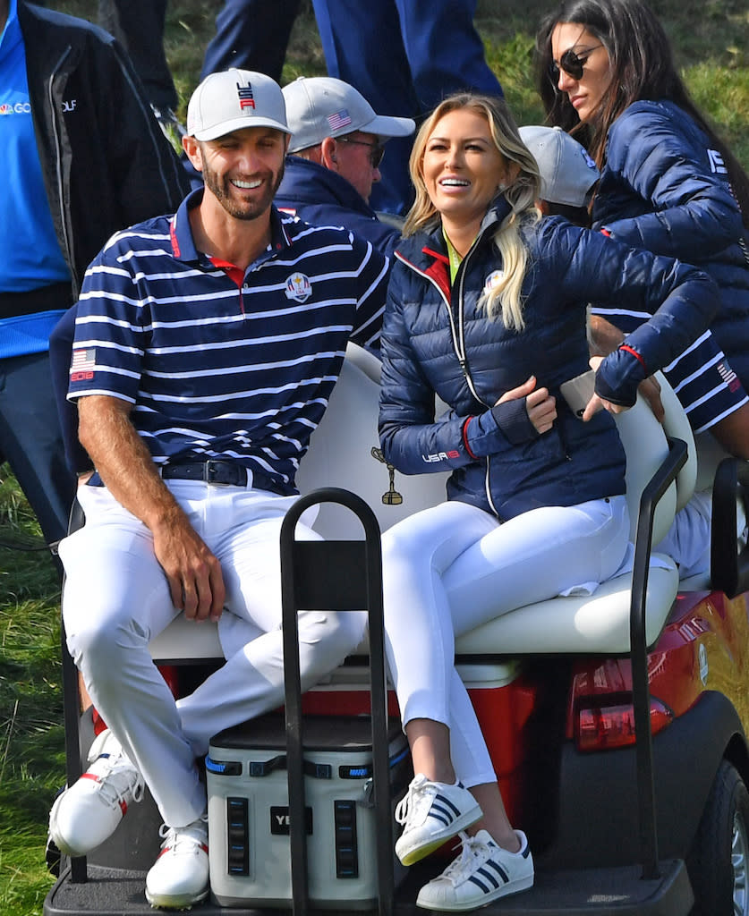 Paulina Gretzky and Dustin Johnson during the first day of the 42nd Ryder Cup at Le Golf National Course at Saint-Quentin-en-Yveline’s, south-west of Paris on Sept. 28, 2018. - Credit: Mirrorpix / MEGA