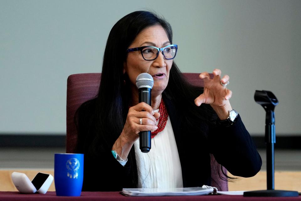 U.S. Interior Secretary Deb Haaland speaks during a "Road to Healing" event on  Jan. 20, 2023, at the Gila Crossing Community School outside Laveen.