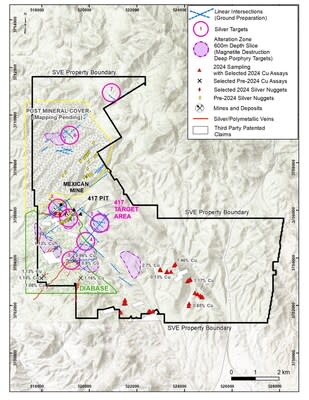 Figure 2 – Map of the Phoenix Silver property, showing main veins and targets. Target#1 (or 417 Target Area) encompasses the 417 lb silver fragment and multiple veins currently undergoing drilling. Targets south of the 417 area, include polymetallic veins as well as alteration zones potentially associated with porphyry-style mineralization.