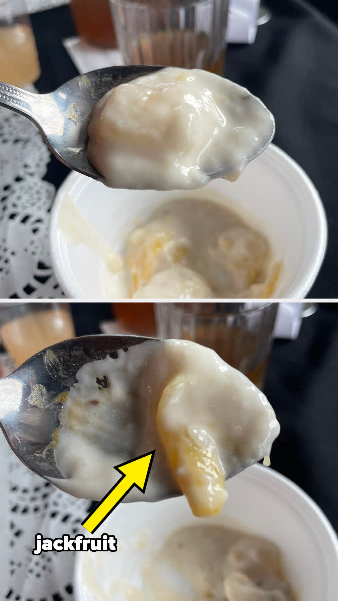 Close-up of spoonfuls of creamy dessert with jackfruit pieces in a cup, with an arrow pointing to a piece of jackfruit