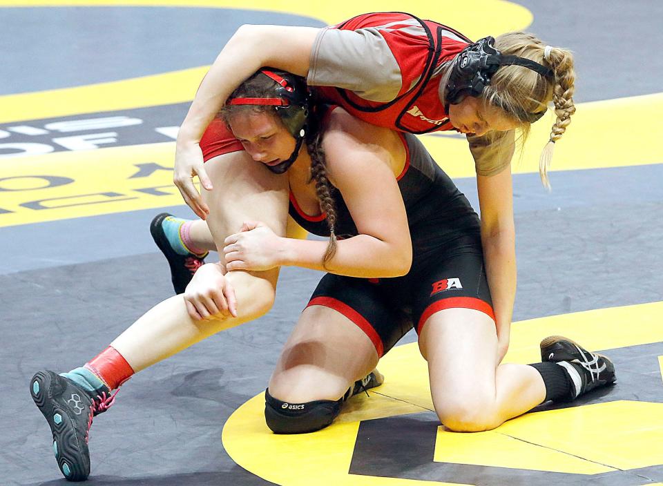 Crestview’s Naomi Gearheart wrestles Tri-County North’s Madison Jeffers during their match at the OHSAA State Wrestling Championships Saturday, March 9, 2024 at the Jerome Schottenstein Center. TOM E. PUSKAR/MANSFIELD NEWS JOURNAL