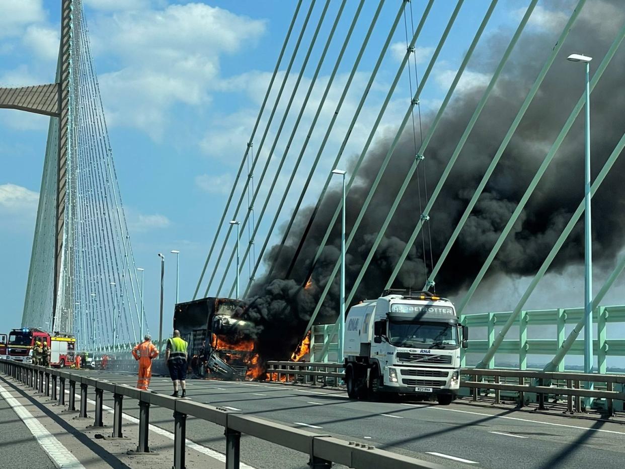 Dramatic images showed the truck alight on the M4 Severn Bridge on Wednesday afternoon. (@MattGough10/Twitter)