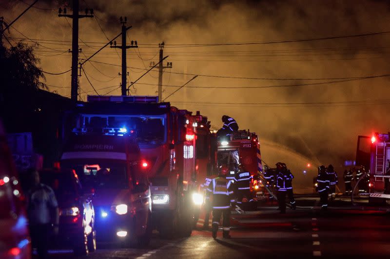 Flames rise after an explosion at a LPG station in Crevedia, near Bucharest