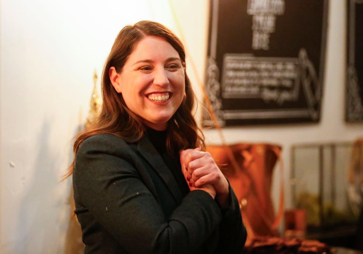 Missouri gubernatorial candidate Crystal Quade speaks at a fundraising event at Q Enoteca after she secured an endorsement from state LGBTQ+ advocacy group PROMO PAC on Thursday, Feb. 1, 2024.