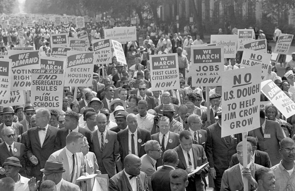 FILE - Race relations problems in the United States were brought to the attention of the nation, and the world, by the massive March on Washington, Sept. 6, 1963. They’re hallmarks of American history: protests, rallies, sit-ins, marches, disruptions. They date from the early days of what would become the United States to the sights and sounds currently echoing across the landscapes of the nation’s colleges and universities. (AP Photo, File)