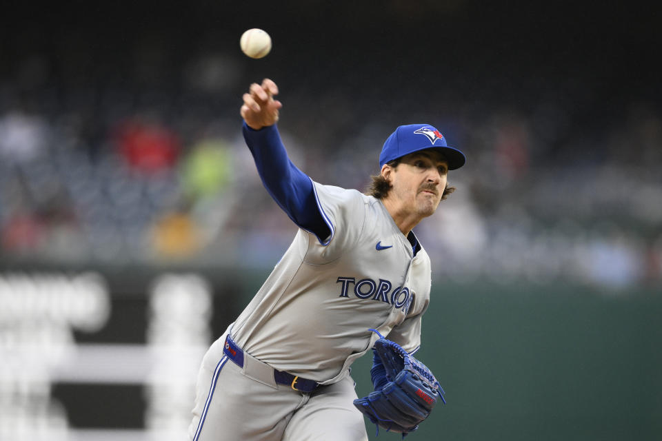 Toronto Blue Jays starting pitcher Kevin Gausman throws during the first inning of a baseball game against the Washington Nationals, Saturday, May 4, 2024, in Washington. (AP Photo/Nick Wass)