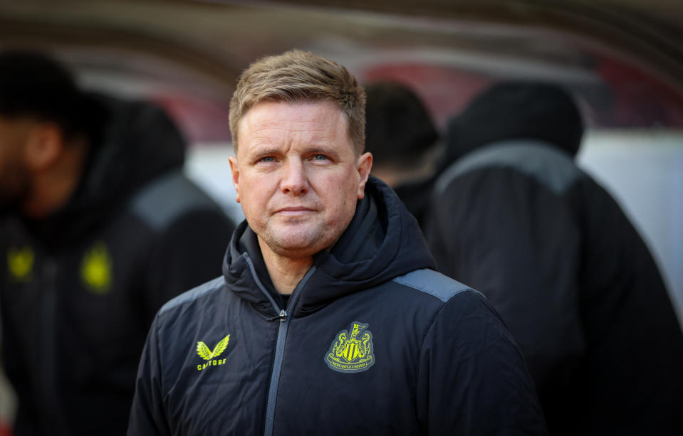 SUNDERLAND, ENGLAND - JANUARY 6: Newcastle United manager Eddie Howe looks on during the Emirates FA Cup Third Round match between Sunderland and Newcastle United  at Stadium of Light on January 6, 2024 in Sunderland, England. (Photo by Alex Dodd - CameraSport via Getty Images)