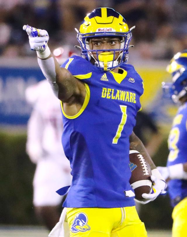 Delaware receiver Thyrick Pitts signals first down after a catch in the fourth quarter of the Blue Hens' 35-9 win at Delaware Stadium, Saturday, Sept. 10, 2022.