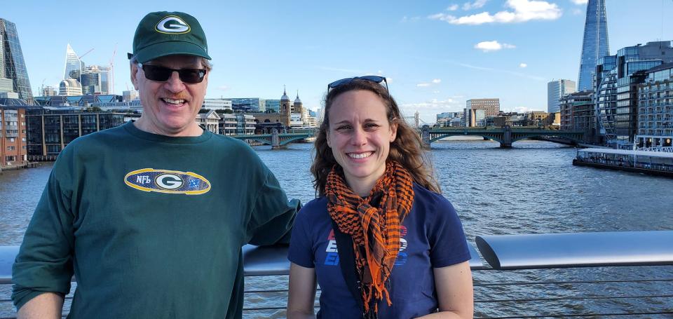 Mike Niedfeldt and his daughter, Amanda, pose on the Millennium Bridge over the River Thames in London, October, 2022.