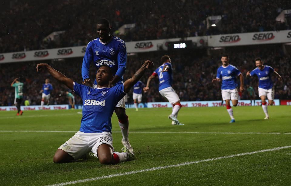 GLASGOW, SCOTLAND - AUGUST 29: Alfredo Morelos of Rangers celebrates scoring the winning goal during the UEFA Europa League Play Off First Leg match between Rangers FC and Legia Warsaw at Ibrox Stadium on August 29, 2019 in Glasgow, United Kingdom. (Photo by Ian MacNicol/Getty Images)