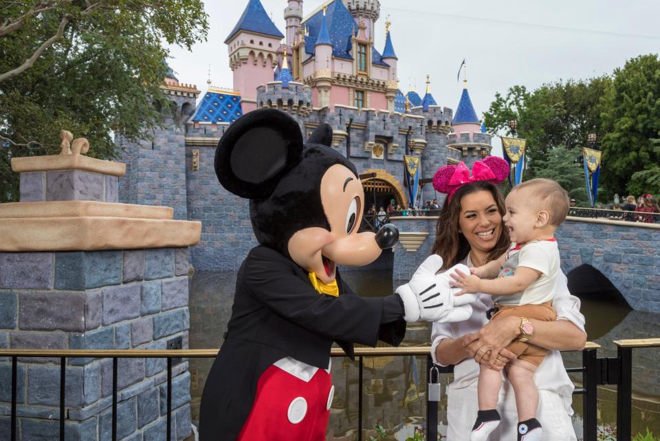 Eva Longoria and her son Santiago Enrique Bastón celebrate his first birthday and first encounter with Mickey Mouse at Disneyland Park on June 20, 2019, in Anaheim, California.