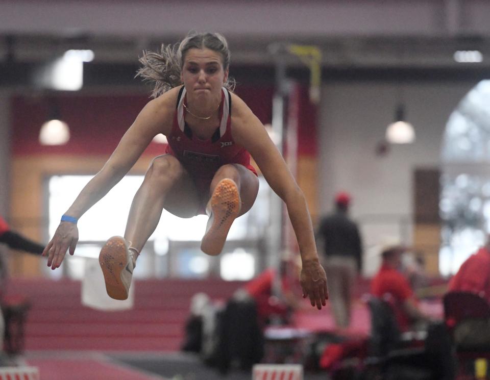 Texas Tech's Ruta Lasmane, pictured in January competing in the Corky Classic, took the NCAA Division I lead in the triple jump last week with a mark of 45 feet, 10 inches. Tech hosts the Jarvis Scott Open, its regular-season finale, on Friday and Saturday at the Sports Performance Center.