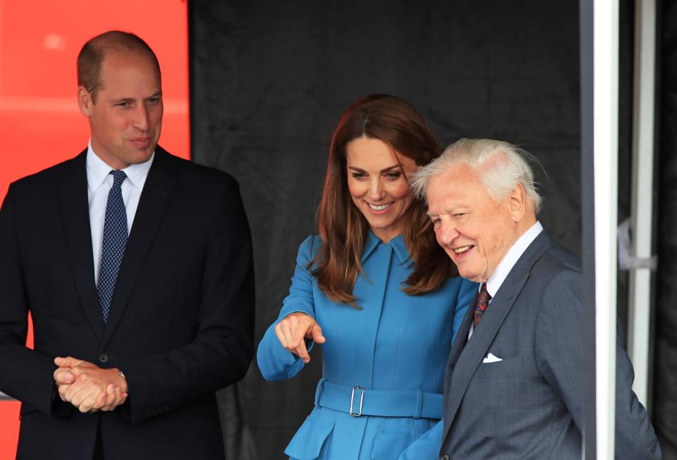 Britain's Prince William, Duke of Cambridge, (C), Britain's Catherine, Duchess of Cambridge (L) and Sir David  Attenborough (R) attend the naming ceremony of Britain's new polar research ship, the RRS Sir David Attenborough in Birkenhead, northwest England on September 26, 2019. (Photo by Peter Byrne / POOL / AFP)        (Photo credit should read PETER BYRNE/AFP via Getty Images)