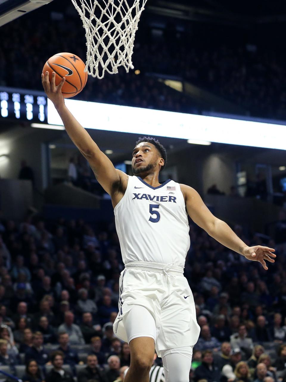 Xavier Musketeers guard Trevon Bluiett (5) scores on a layup in the first half during the college basketball game between the Colorado Buffaloes and the Xavier Musketeers, Saturday, Dec. 9, 2017, at Cintas Center in Cincinnati.