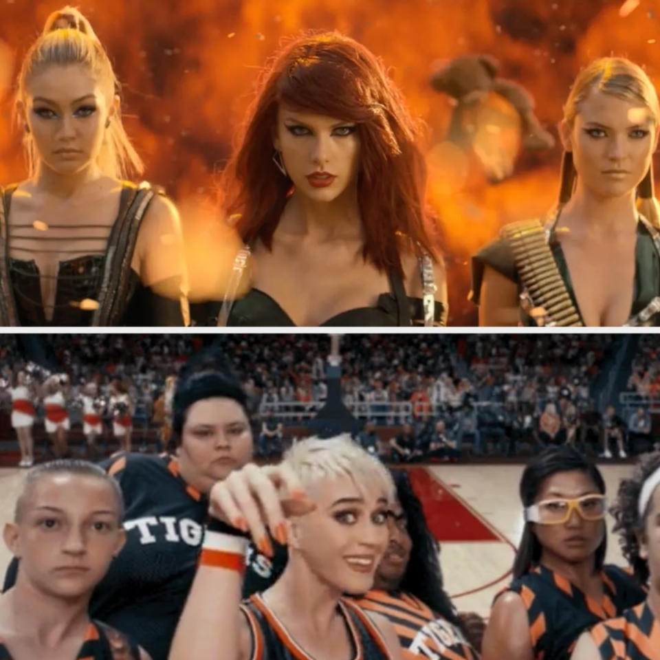 Swift in her "Bad Blood" music video; Perry in her "Swish Swish" music video