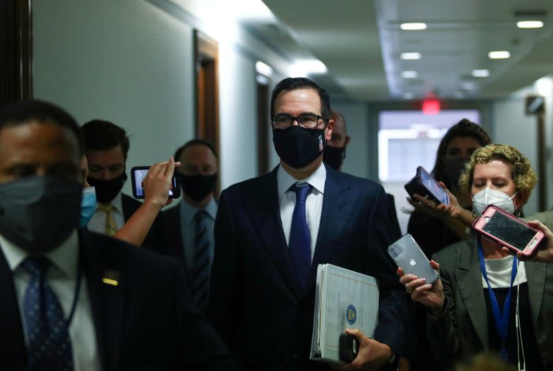 Treasury Secretary Steve Mnuchin speaks to news reporters on Capitol Hill in Washington