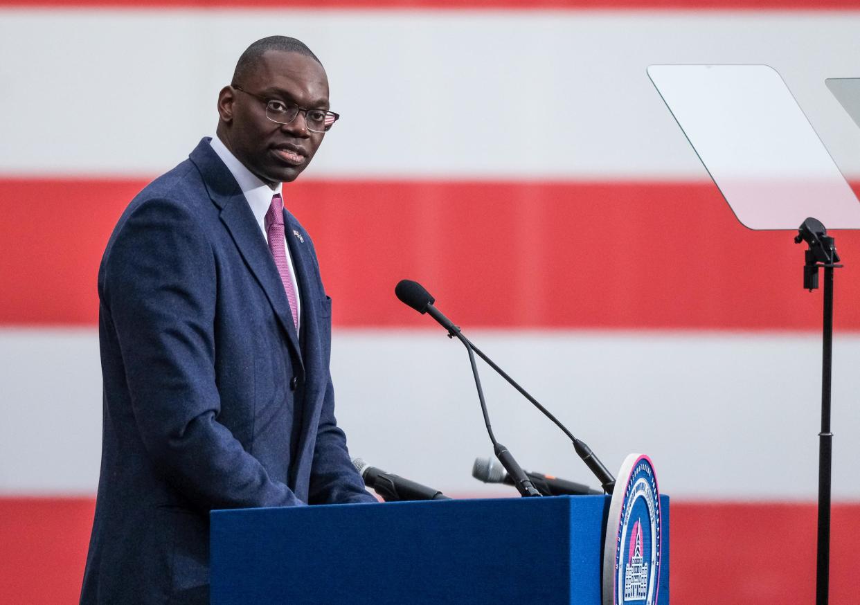 Michigan Lt. Gov. Garlin Gilchrist ll speaks to the crowd at the Capitol after being sworn in for a second term at the gubernatorial inauguration Sunday, Jan. 1, 2023.