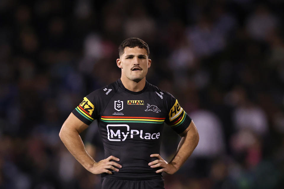 PENRITH, AUSTRALIA - MAY 10:  Nathan Cleary of the Panthers warms up before the round 10 NRL match between Penrith Panthers and Canterbury Bulldogs at BlueBet Stadium on May 10, 2024, in Penrith, Australia. (Photo by Jason McCawley/Getty Images)