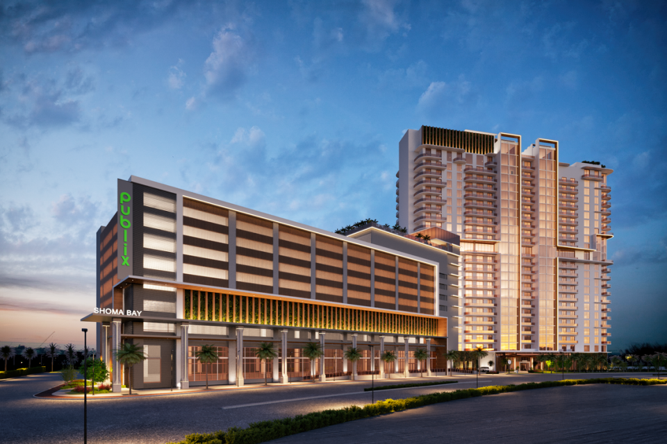 Shoma Bay, a luxury property coming to North Bay Village at 1850 John F. Kennedy Causeway, will be anchored by a 35,000-square-foot Publix. The store and residences have a tentative 2026 opening target.