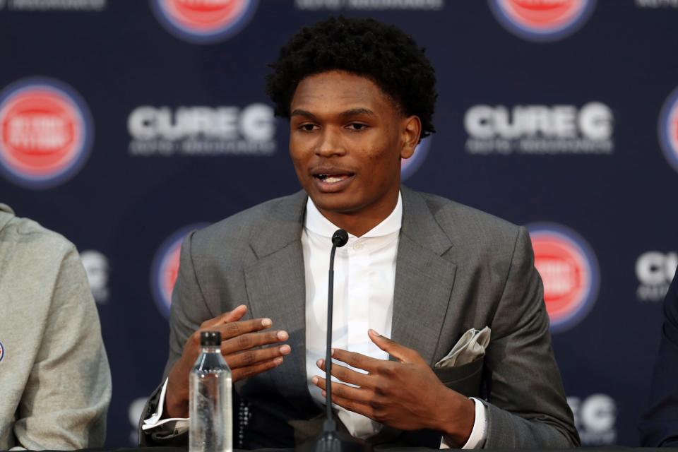 Detroit Pistons draft pick Ausar Thompson answers a question during the introductory news conference at the Henry Ford Detroit Pistons Performance Center, Friday, June 23, 2023.