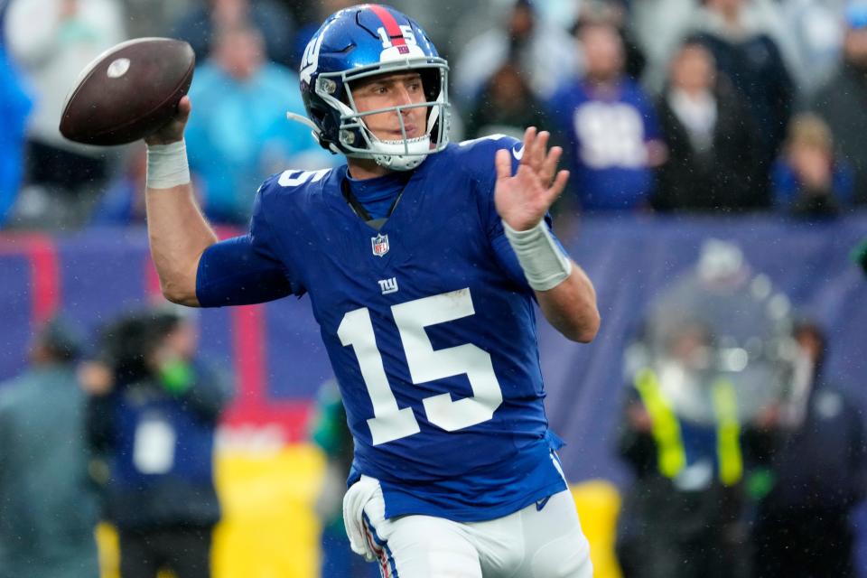 October 29, 2023; East Rutherford, NJ, USA; New York Giants quarterback Tommy DeVito (15) played in his first game for Big Blue.