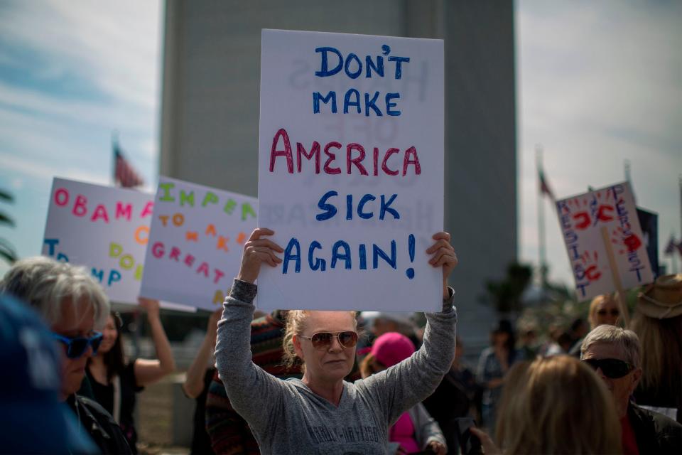 Protest in Los Angeles in 2017 against policies that threaten the Affordable Care Act, Medicare and Medicaid.