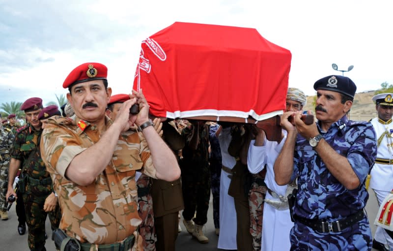 Security carry the coffin of late Sultan Qaboos bin Said during the funeral in Muscat