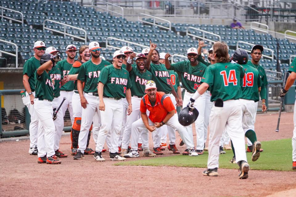 FAMU baseball celebrates a Ty Hanchey homerun in the SWAC Tournament quarterfinals, May 27, 2022