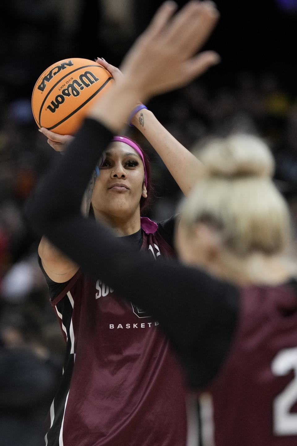 South Carolina's Kamilla Cardoso shoots during practice for the NCAA Women's Final Four championship basketball game Saturday, April 6, 2024, in Cleveland. (AP Photo/Morry Gash)