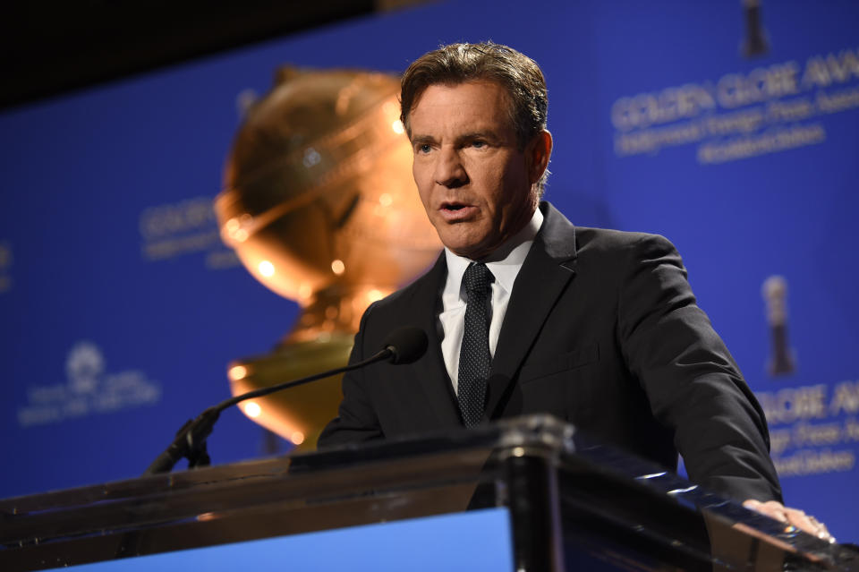 Dennis Quaid announces nominations for the 73rd annual Golden Globe Awards at the Beverly Hilton hotel on Thursday, Dec. 10, 2015, in Beverly Hills, Calif. The 73rd annual Golden Globe Awards will be held on Sunday, Jan. 10, 2016. (Photo by Chris Pizzello/Invision/AP)