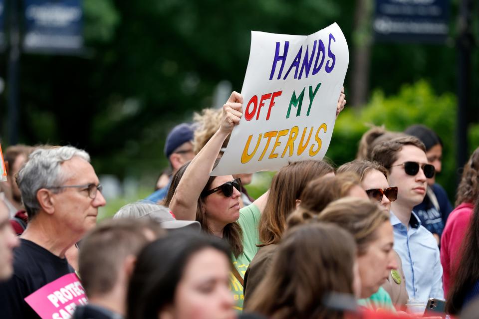 Abortion rights supporters gather at a rally  at Bicentennial Plaza put on by Planned Parenthood South Atlantic in response to a bill before the North Carolina Legislature, Wednesday, May 3, 2023, in Raleigh, N.C. (AP Photo/Karl B DeBlaker)